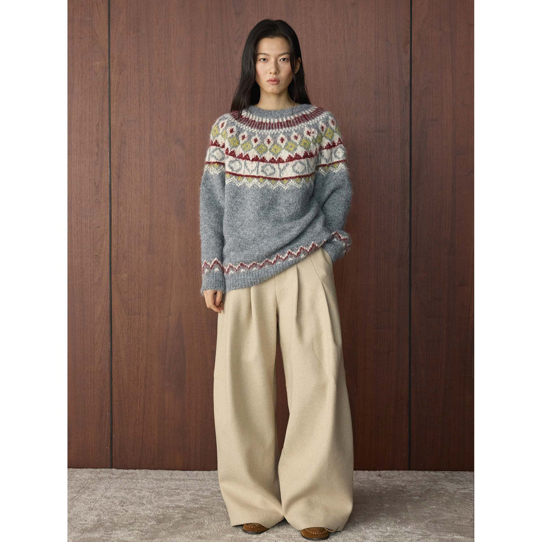 Women's chunky knit crew neck sweater with Norwegian jacquard and mohair mix Amarae