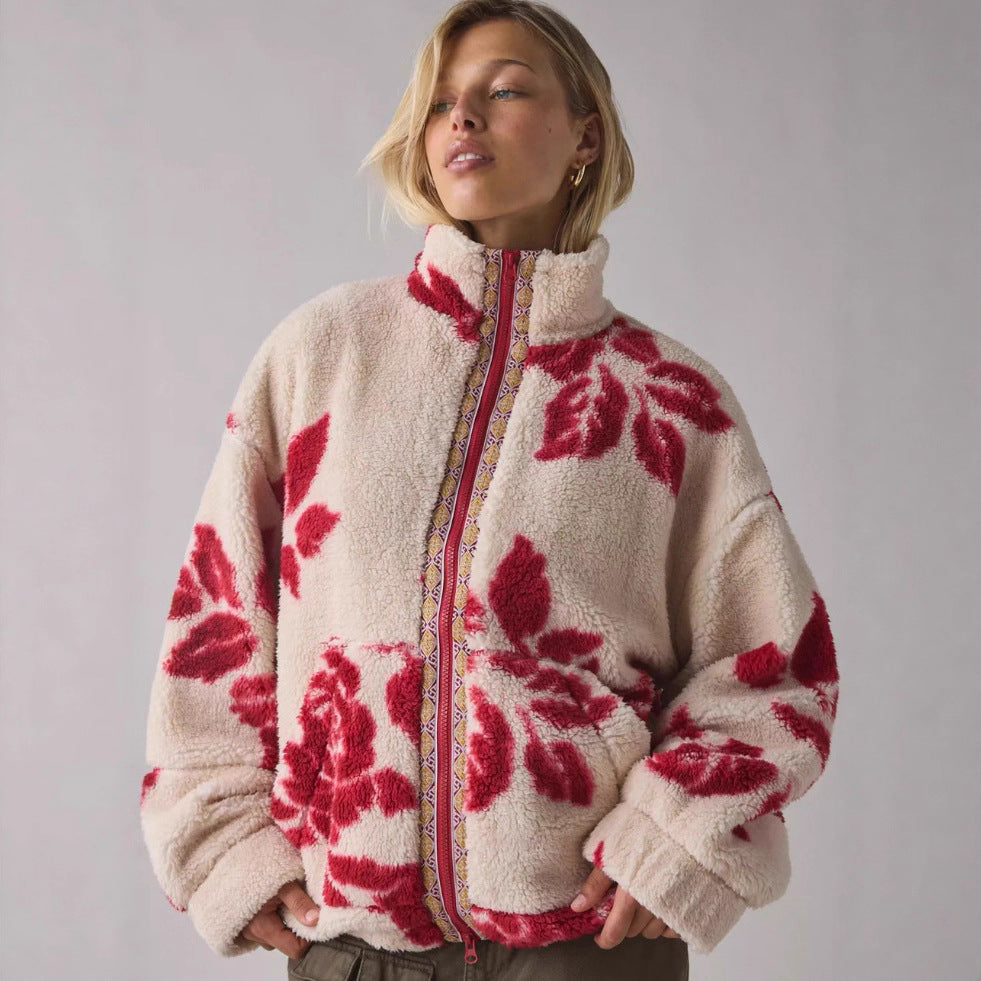 Veste en polaire douillette pour femmes avec design floral et col montant Chic & Stil