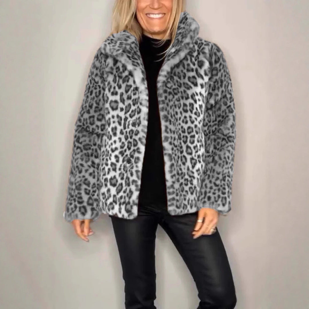 Ladies Leopard Print Faux Fur Jacket with High Collar Lune London