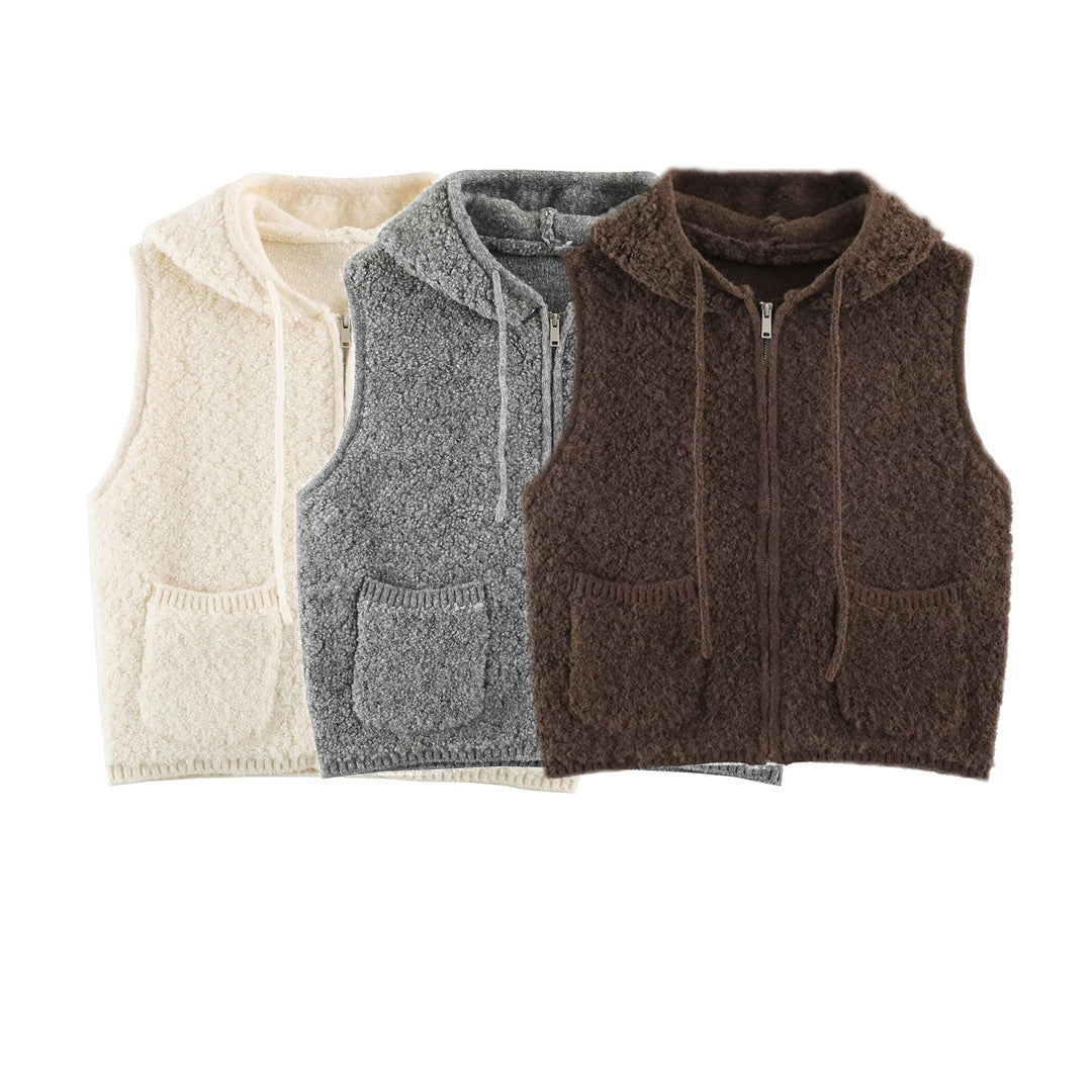 Women's Teddy Fleece Vest with Hood, Zipper and Patch Pockets Amarae