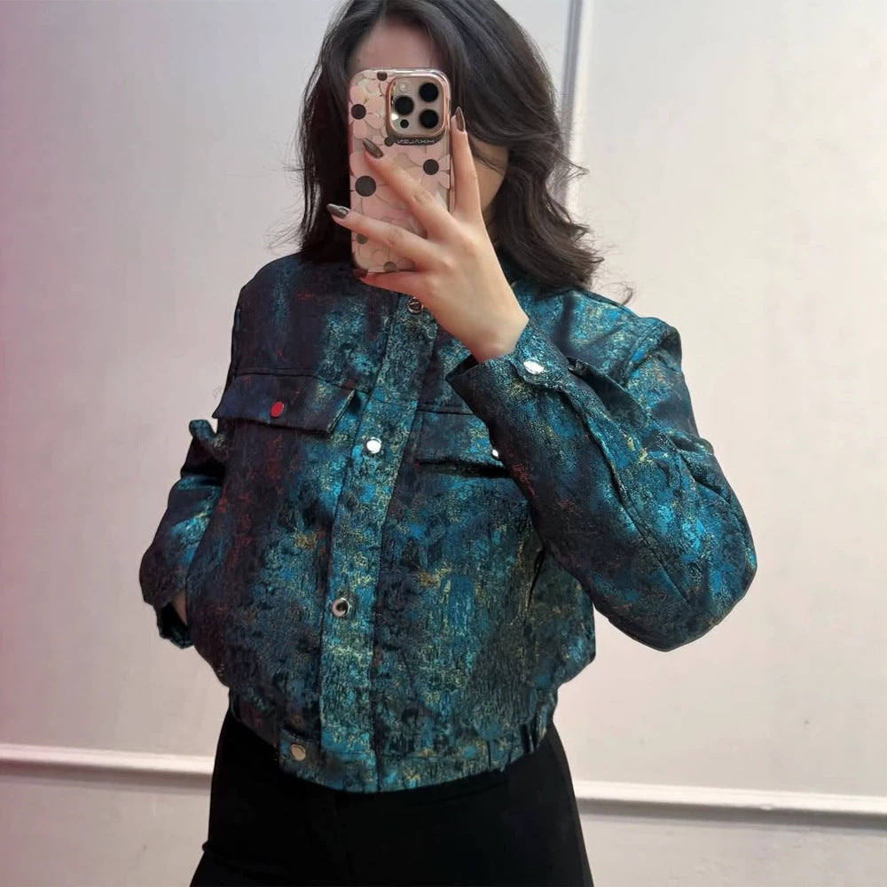 Women's Short Jacket in Metallic Jacquard with Snap Button Placket and Flap Pockets Amarae