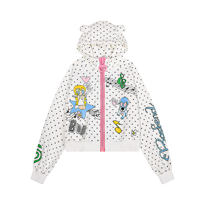 Women's Cozy Hoodie with Ears, Allover Star Pattern and Playful Cartoon Prints