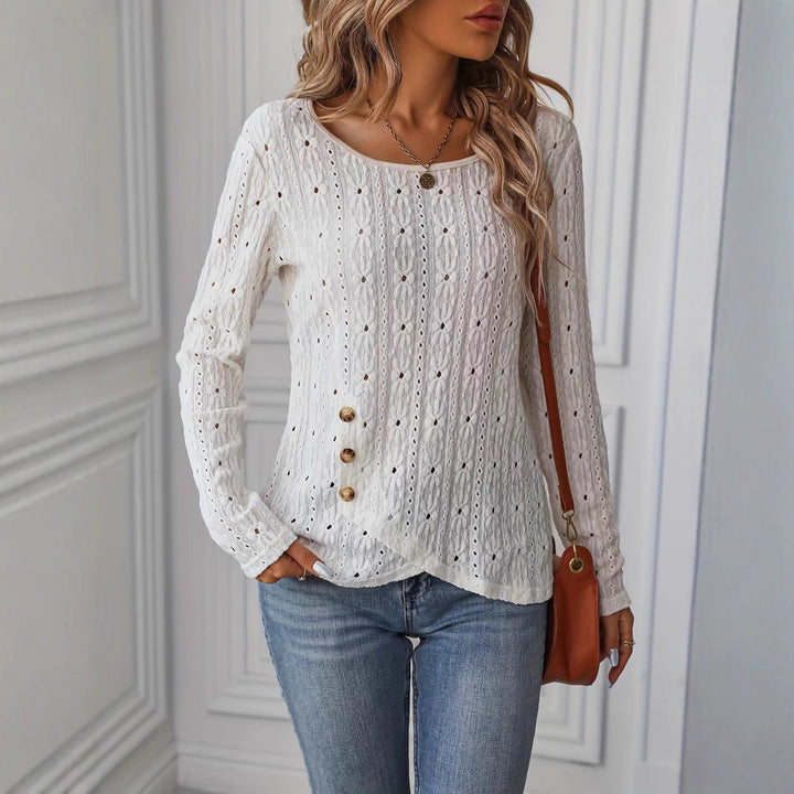 Long sleeve blouse for women with an intricate crochet pattern and chic button details