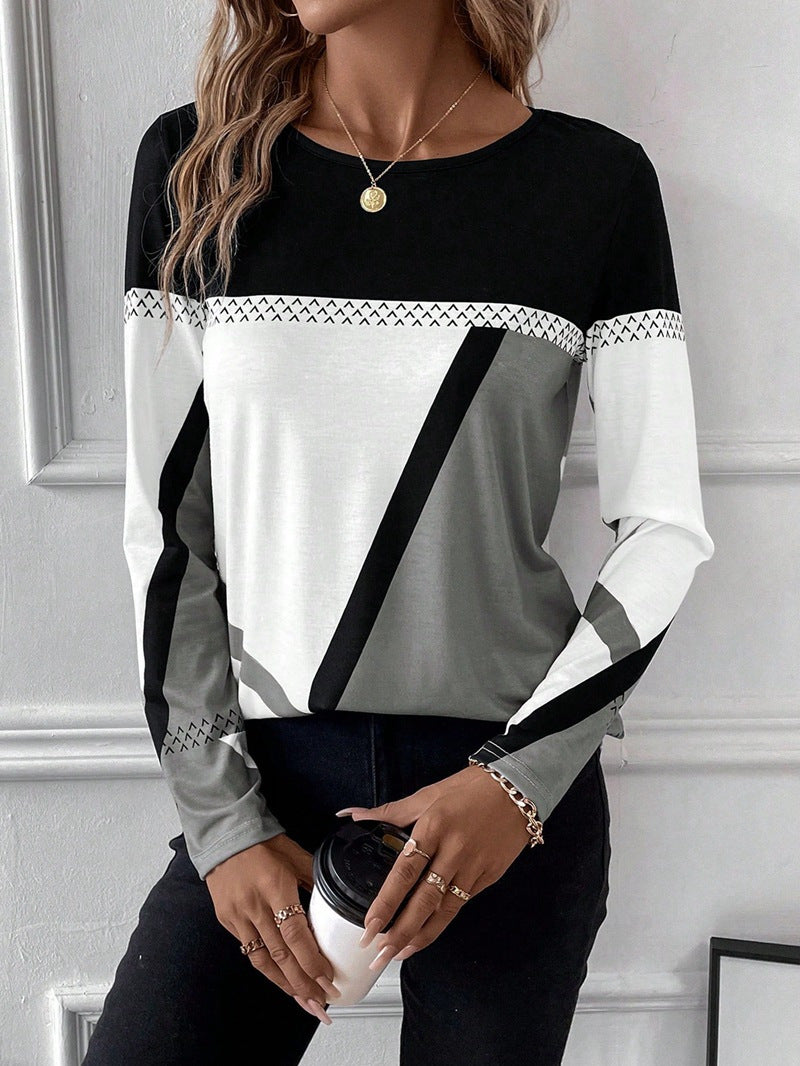 Women's Long Sleeve Shirt with Graphic Colorblock Design and Round Neck Amarae