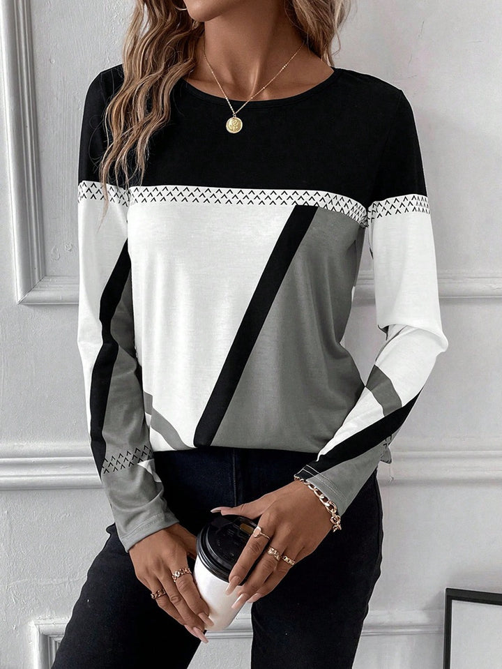 Women's Long Sleeve Shirt with Graphic Colorblock Design and Round Neck Amarae