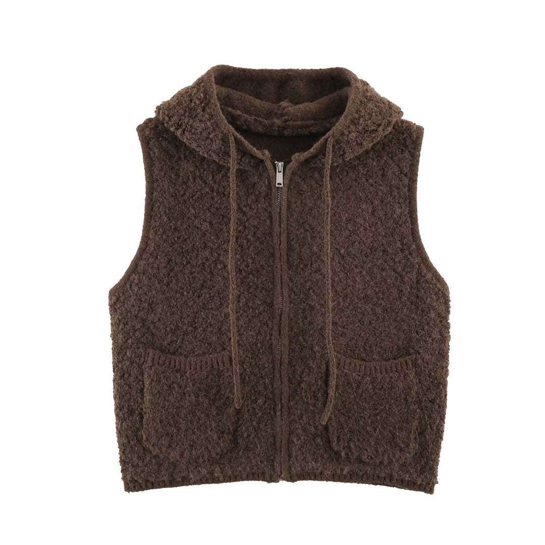 Women's Teddy Fleece Vest with Hood, Zipper and Patch Pockets Amarae