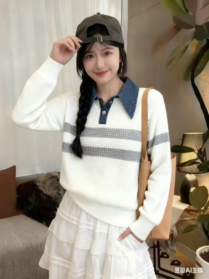 Pull en tricot décontracté pour femmes avec col et design rayé Chic & Stil