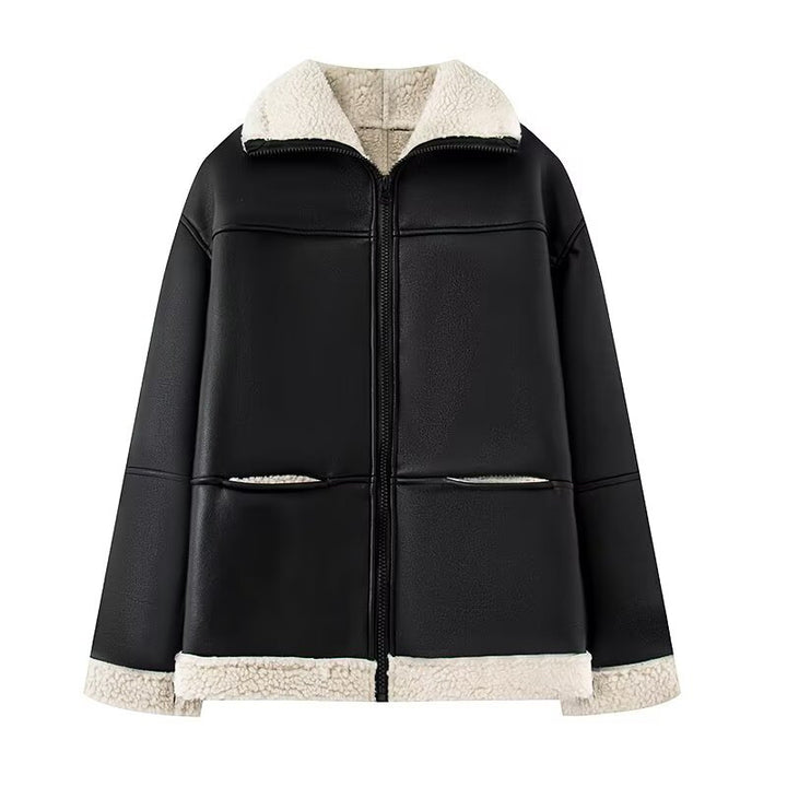 Faux leather jacket for women, fashionable, with warm fleece lining and practical pockets Lune London