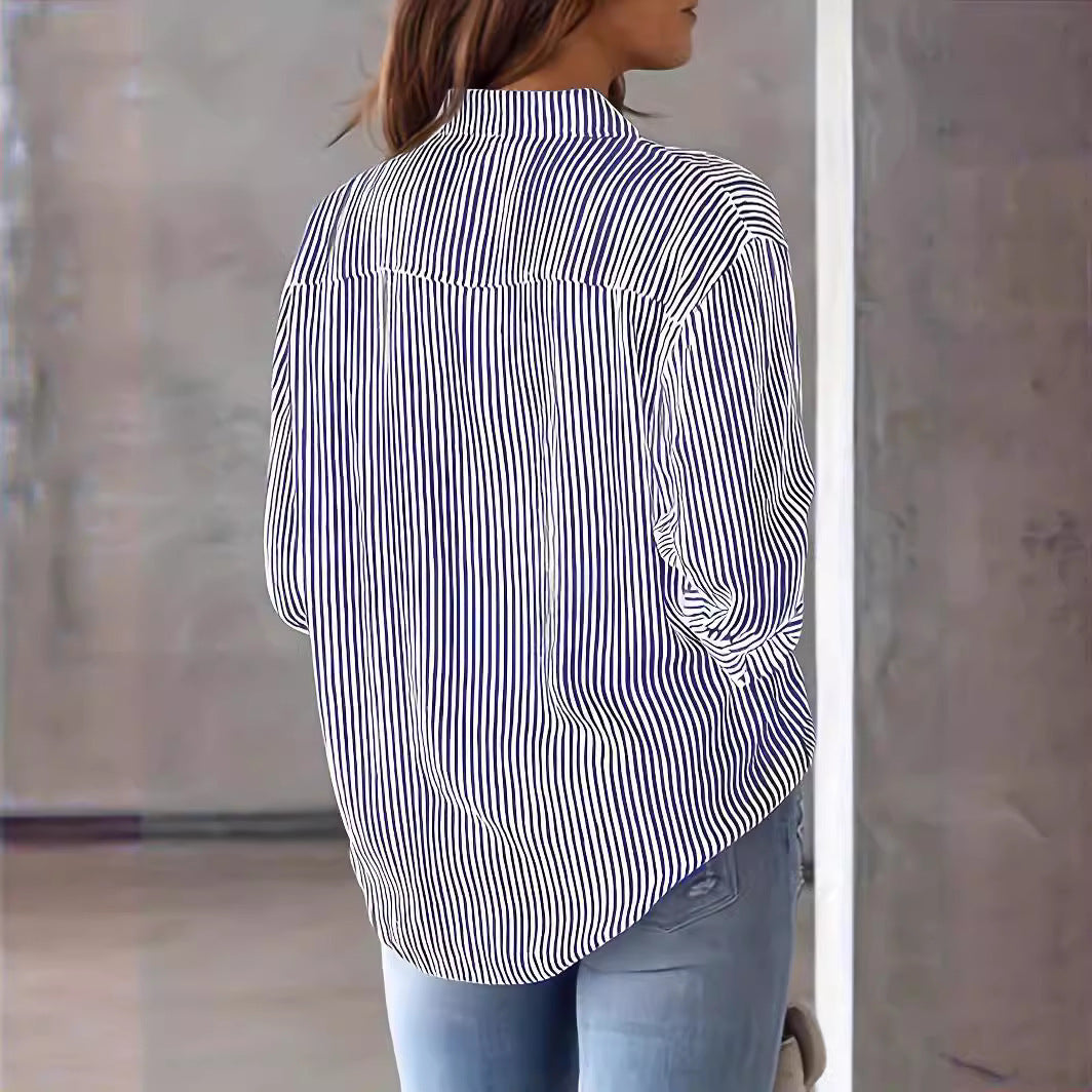 Long sleeve blouse for women with fine stripes and chest pocket Lune London