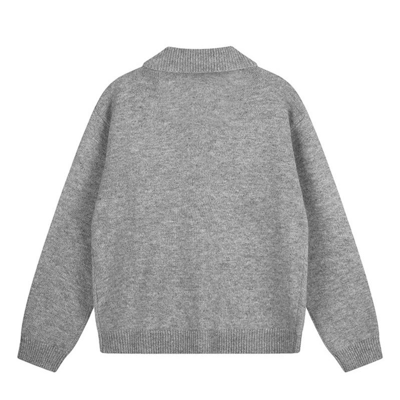 Women's knitted cardigan with shirt collar, button placket, and statement patch Amarae