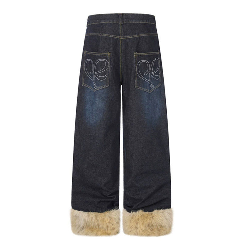 Women's Wide Denim Palazzo Jeans with Fur Cuffs and Studs Amarae