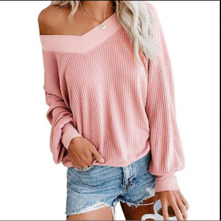 Sweat en coton oversized pour femmes avec col V décontracté et détails en côtes Chic & Stil