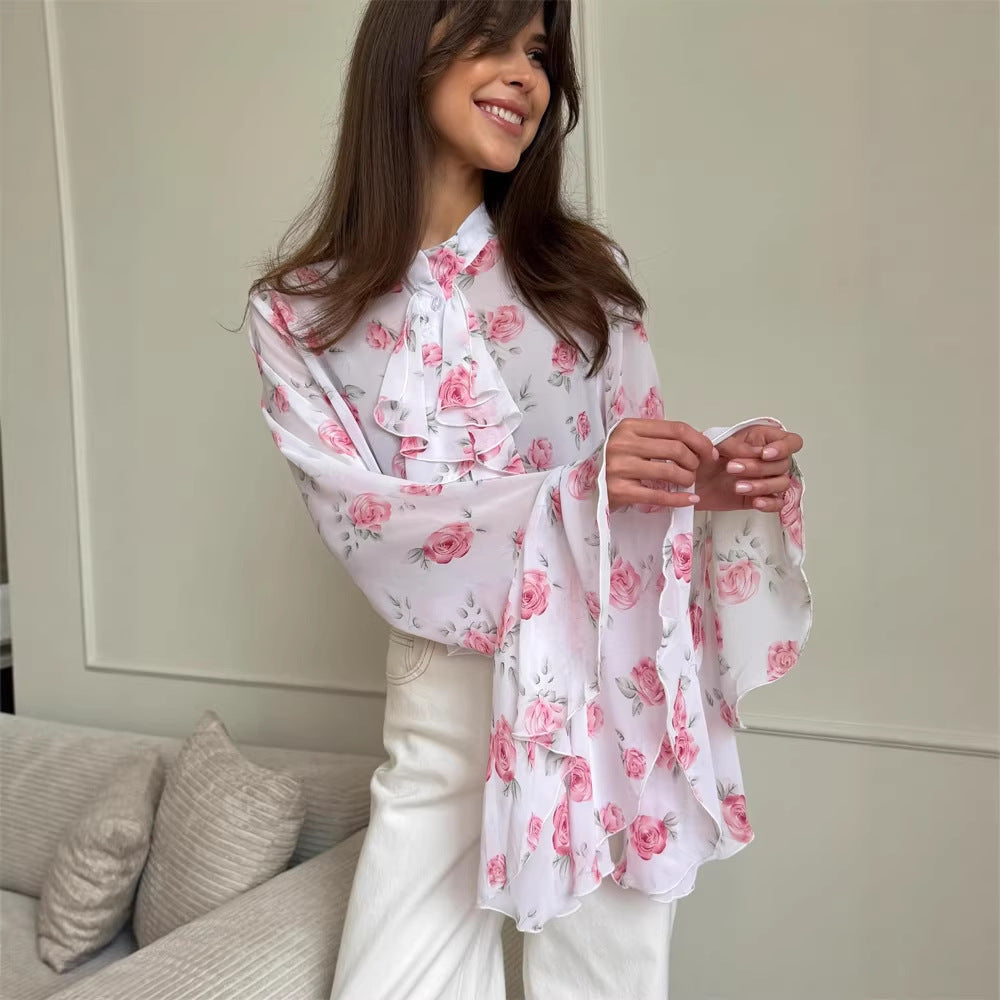 Women's chiffon blouse with rose print, ruffles and bell sleeves Amarae