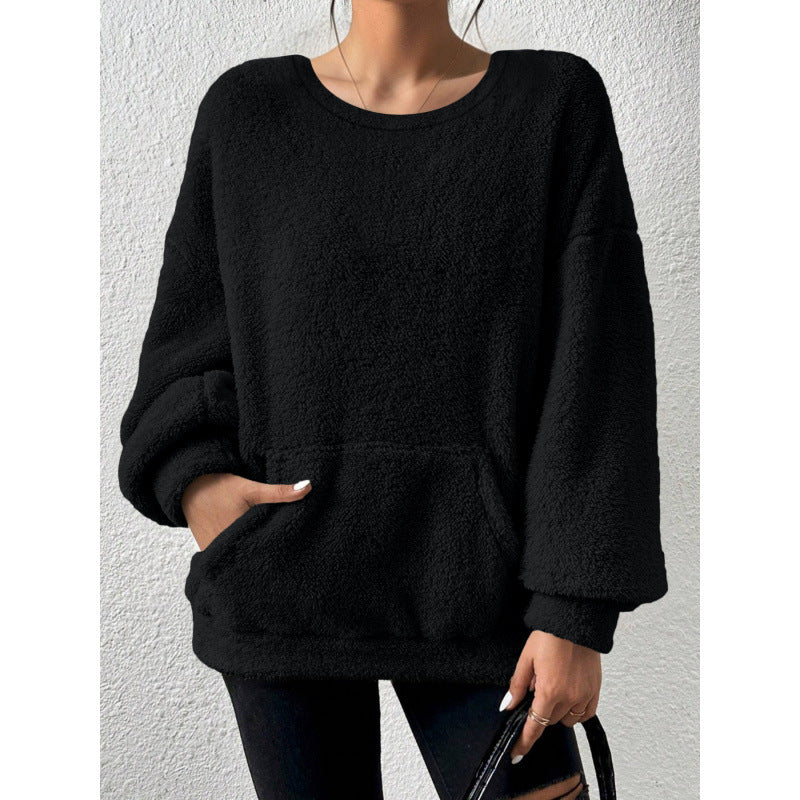 Ladies Cozy Oversized Sherpa Sweater with Kangaroo Pocket and Balloon Sleeves Amarae