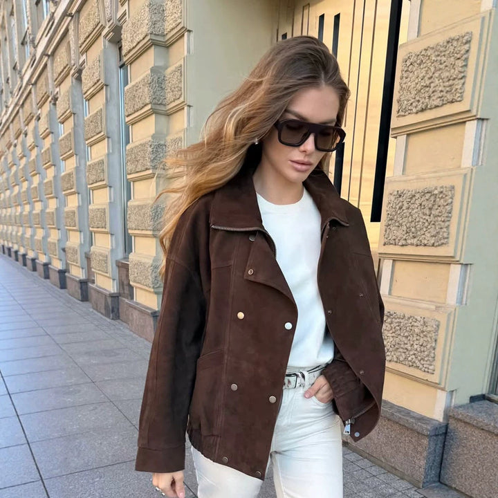 Women's Short Bomber Jacket made of Suede Leather with High Stand-up Collar and Boxy Silhouette Amarae