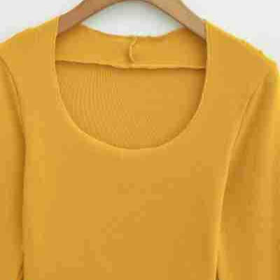 Women Fitted Long Sleeve Fine Knit Top with Square Neckline and Wave Hem Amarae
