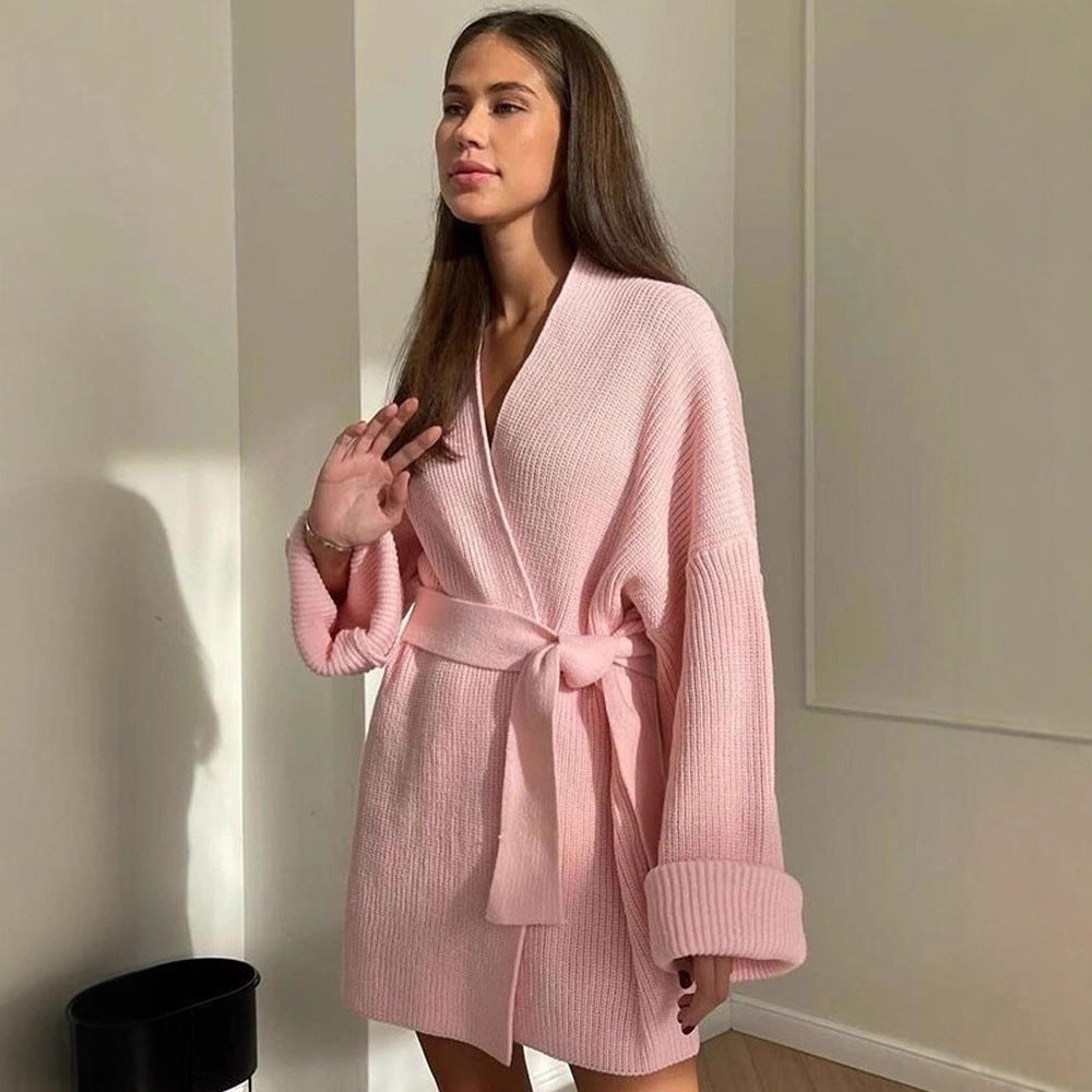 Women's Oversize Knit Coat with Ties and Ribbed Fine Knit Dress