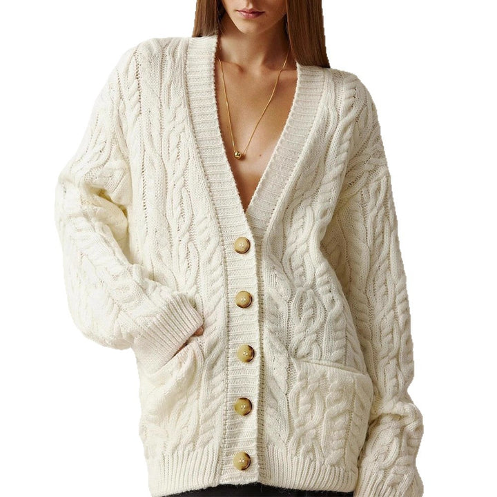 Women Oversize Cable Knit Cardigan with V-Neck and Patch Pockets Amarae
