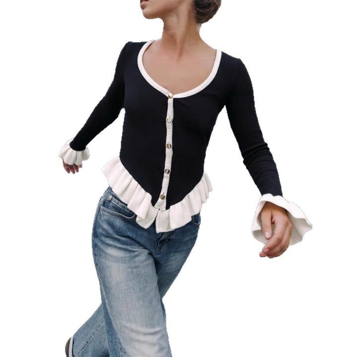 Ladies Ribbed Cardigan with Flounce Hem, Decorative Buttons and Ruffled Cuffs Amarae