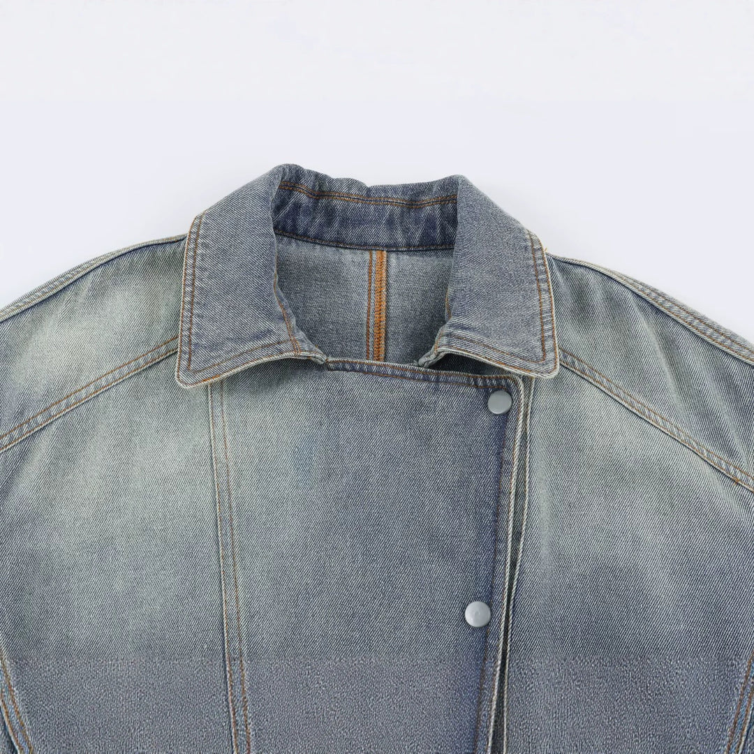 Women's denim jacket with belted waist and asymmetric snap button placket Amarae