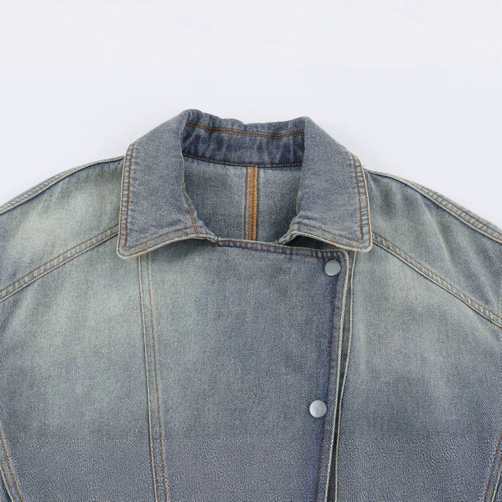 Women's denim jacket with belted waist and asymmetric snap button placket Amarae