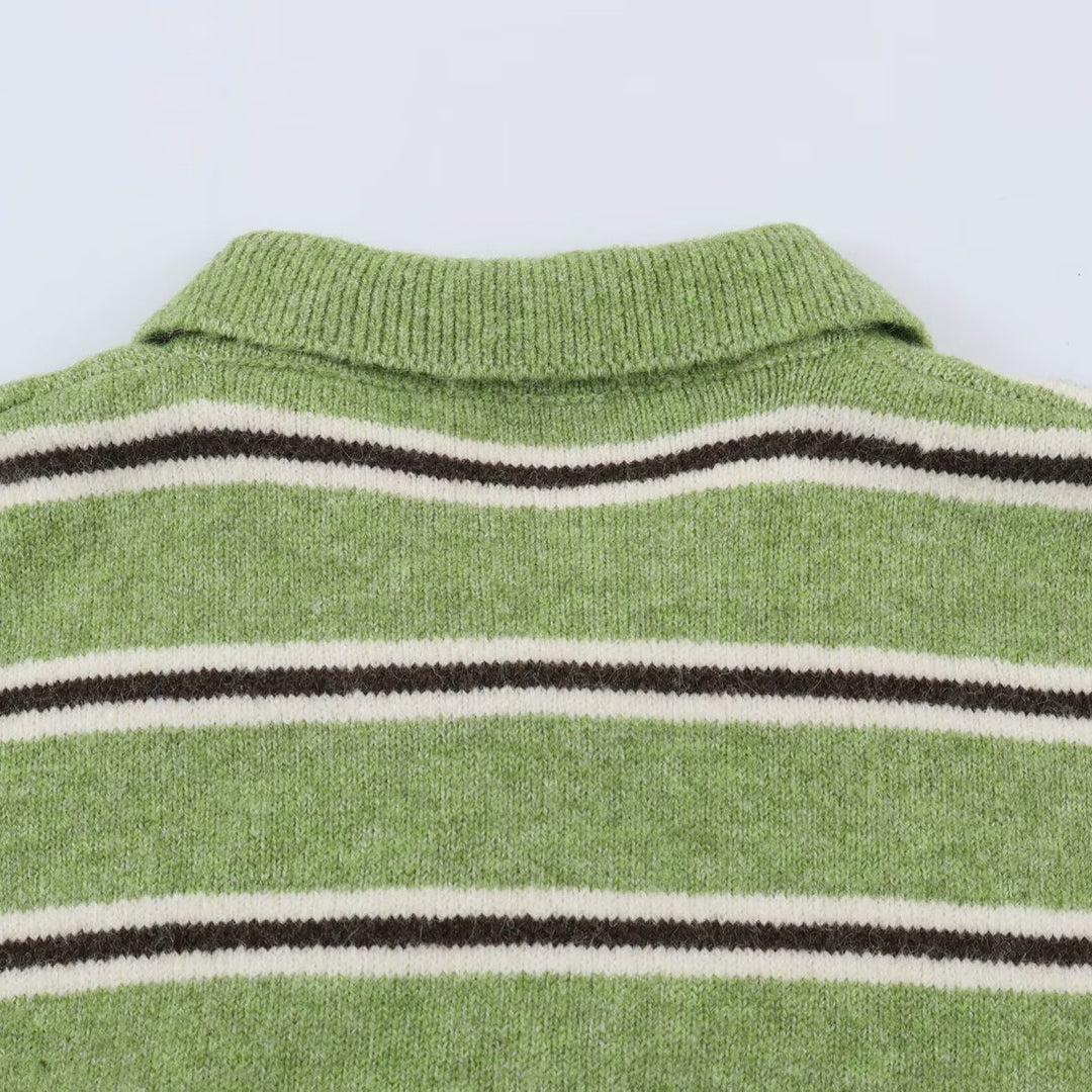 Women's Oversize Polo Sweater with Striped Pattern and Button Placket Amarae