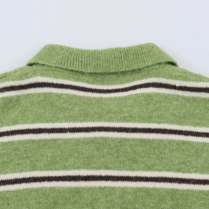 Women's Oversize Polo Sweater with Striped Pattern and Button Placket Amarae