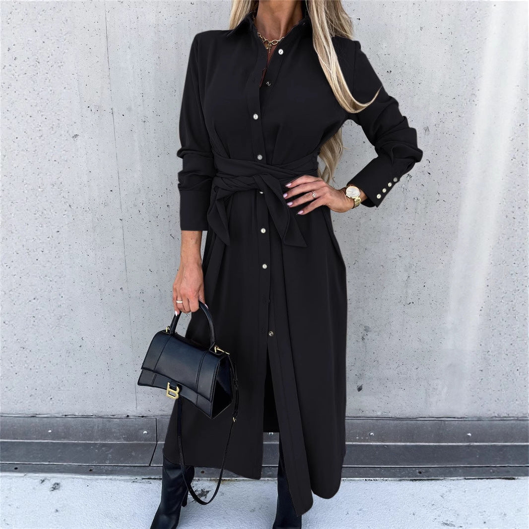 Ladies Elegant Midi Dress with Belt and Chic Button Placket and Style