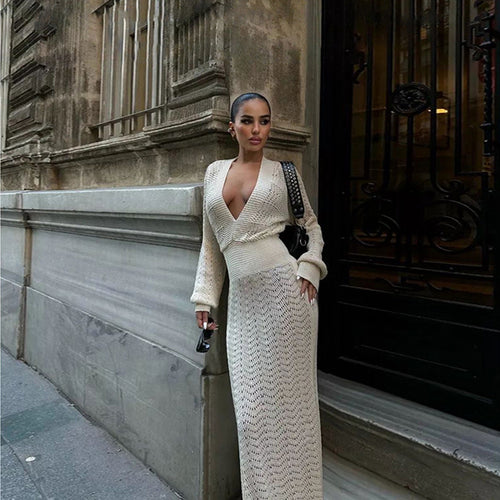 Elegant crochet maxi dress for women with deep V-neck and ribbed design Amarae