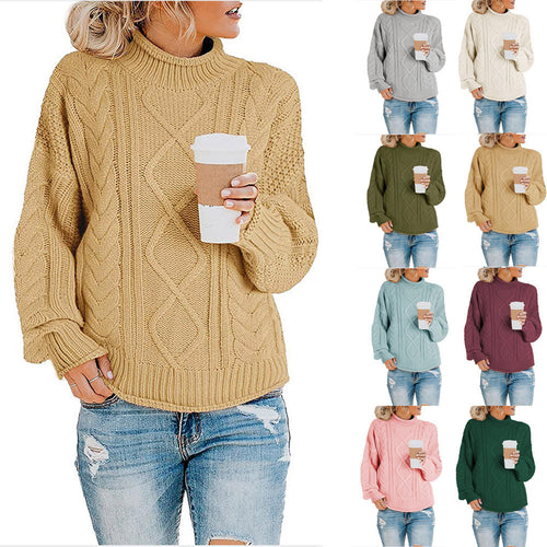 Women's knitted sweater with high collar and decorative braiding pattern Amarae