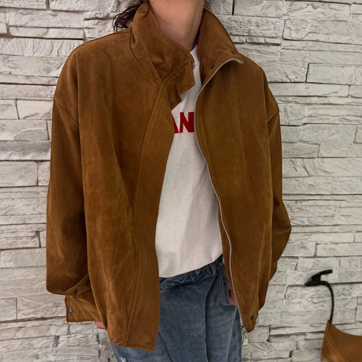 Women's Oversize Suede Blouson with High Standing Collar and Metal Zipper Amarae