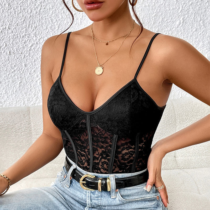 Ladies Lace Bodysuit with Elegant V-Neck and Transparent Inserts Lune London