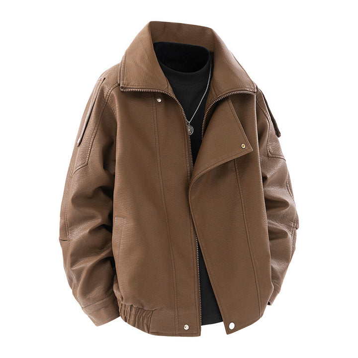 Trendy faux leather jacket for women with high collar and practical side pockets Lune London