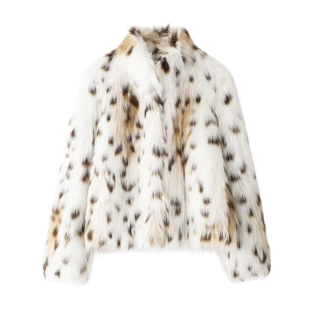 Women Short Faux-Fur Jacket with Dotted Lynx Print and Minimalist Stand Collar Amarae