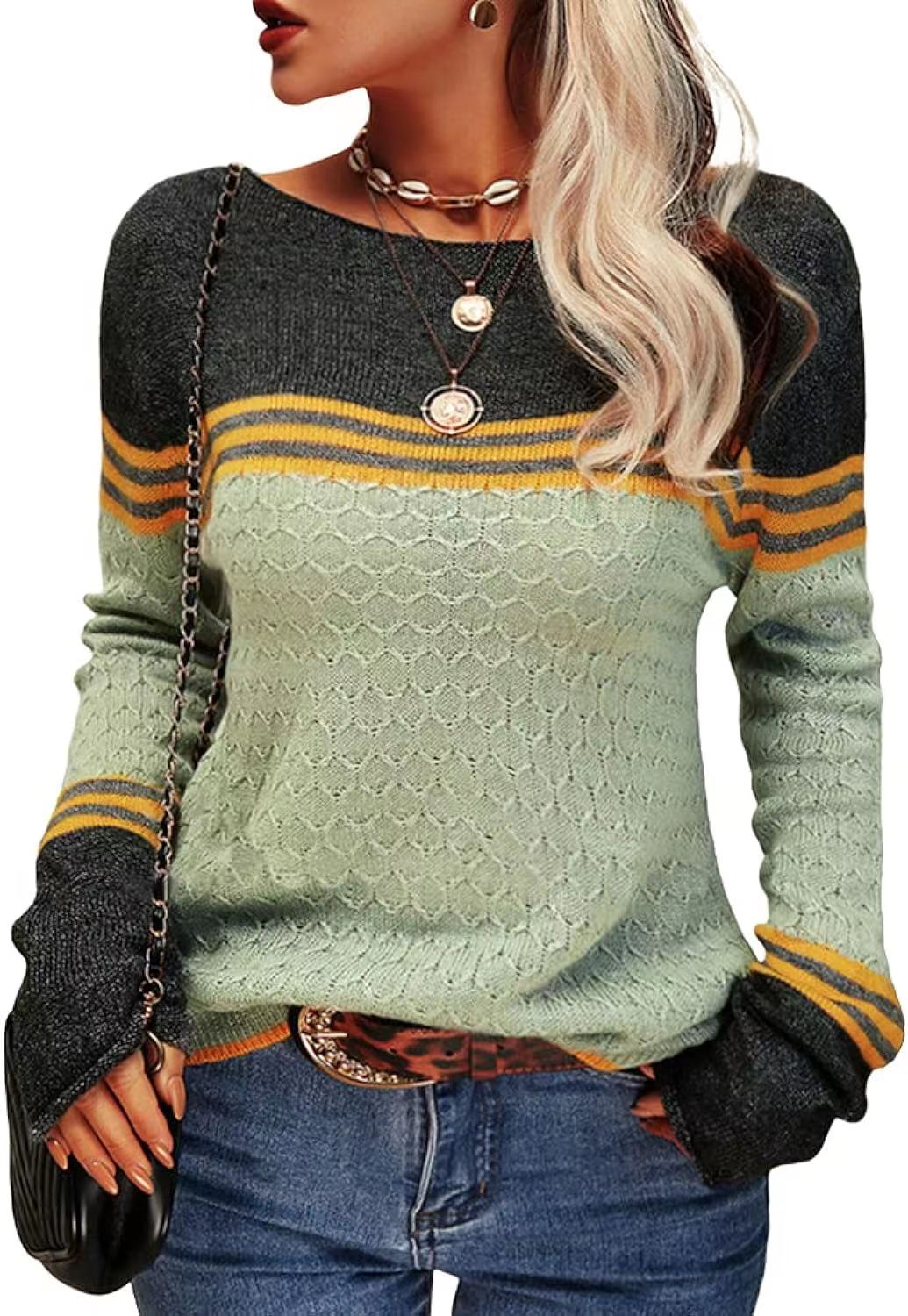 Pull tricoté décontracté pour femmes avec des blocs de couleur contrastants et une texture unique Chic & Stil