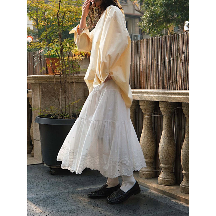 Ladies Long Tiered Ruffle Skirt made of Cotton Embroidery with Lace Edge Amarae