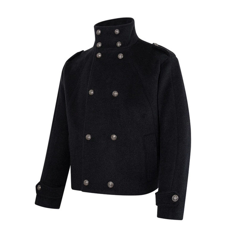 Women Short Double-Breasted Military Cab Jacket with Stand Collar and Epaulettes Amarae