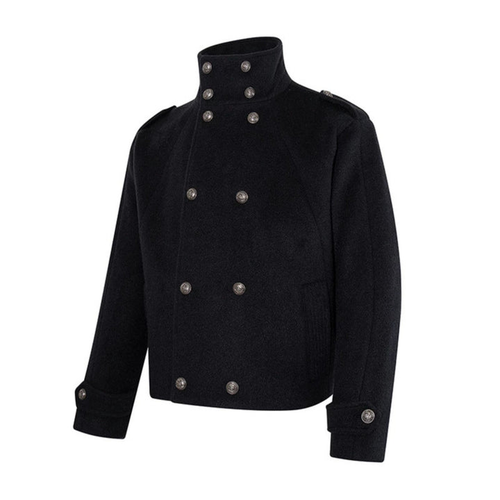 Women Short Double-Breasted Military Cab Jacket with Stand Collar and Epaulettes Amarae