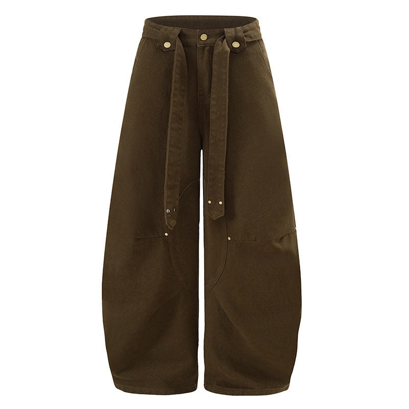 Women's Extra Wide High-Waist Palazzo Pants with Decorative Knee Patch, Tied Belt and Culotte Cut Amarae