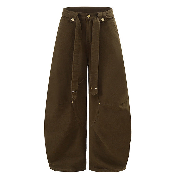 Women's Extra Wide High-Waist Palazzo Pants with Decorative Knee Patch, Tied Belt and Culotte Cut Amarae