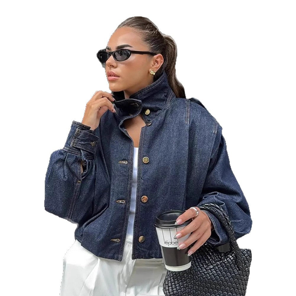 Women Oversize Denim Jacket with High Stand-Up Collar, Snap Button Placket and Shoulder Detail Amarae