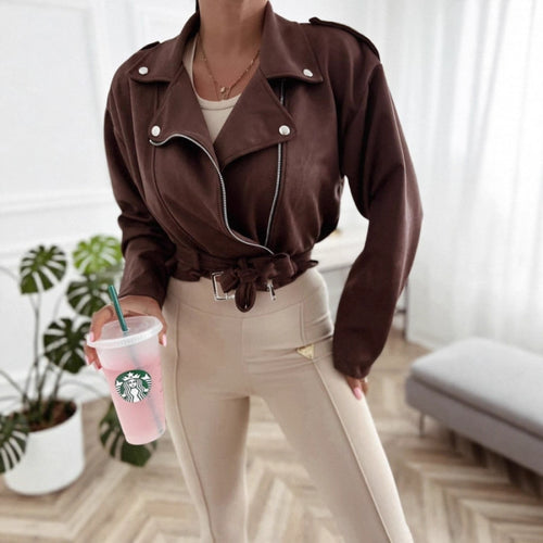Veste de motard en simili cuir élégante et moderne pour femmes avec ceinture Chic & Stil