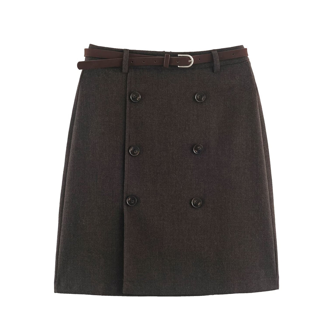 Women's midi skirt in A-line cut with double-breasted button placket and waist belt Amarae