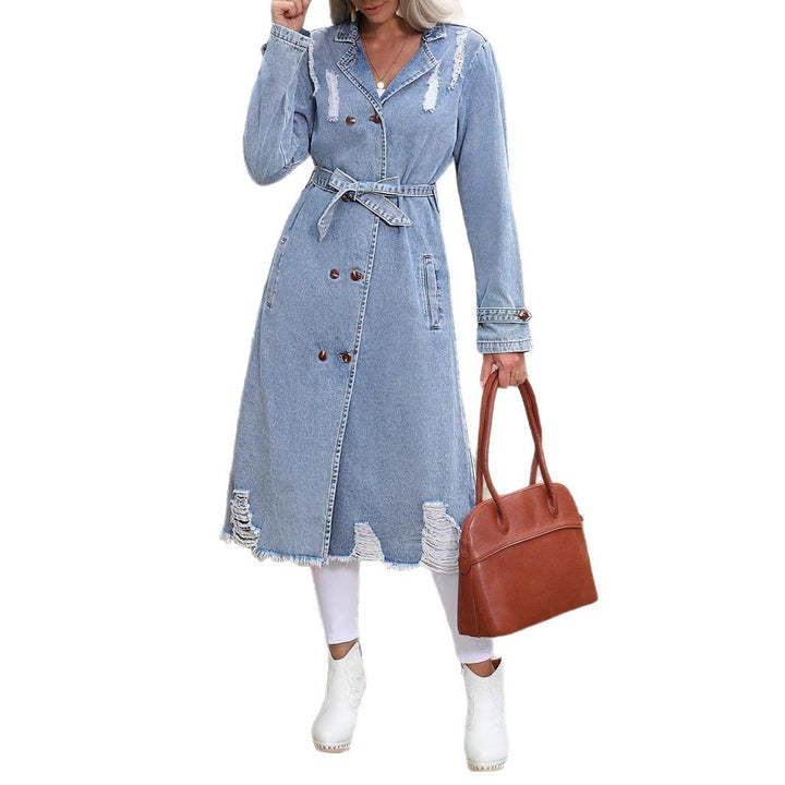Women's Long Denim Trench Coat with Distressed Hem and Double-Breasted Button Placket Amarae