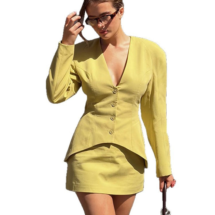 Women's Tailored Blazer Set with Deep V-Neck, Distinctive Peplum and Figure-Hugging Mini Skirt Amarae
