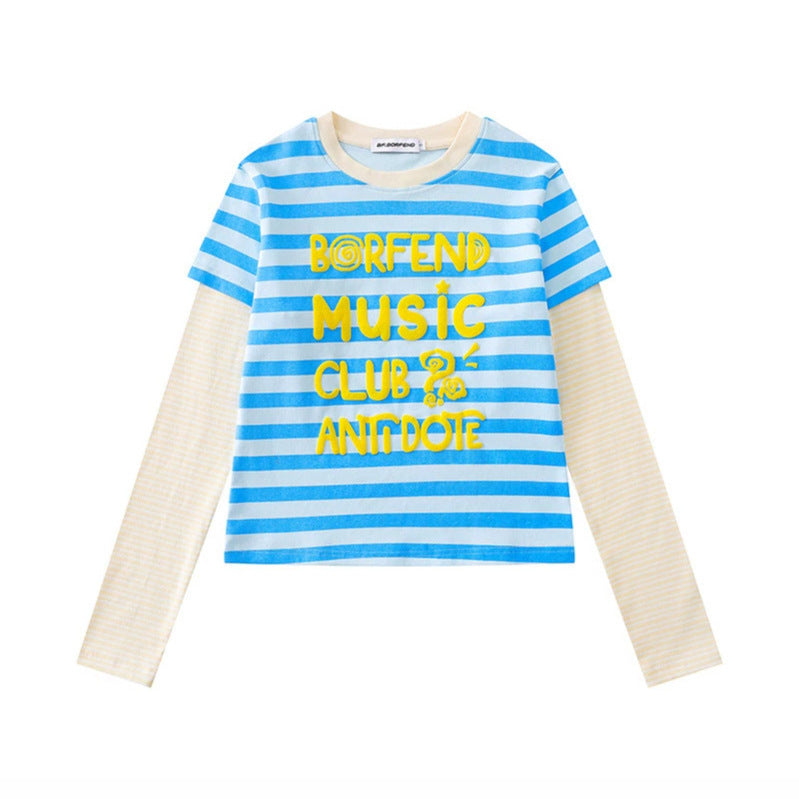 Women's Layered Long Sleeve Shirt in Layer Look with Contrasting Striped Sleeves and Typographic Print Amarae