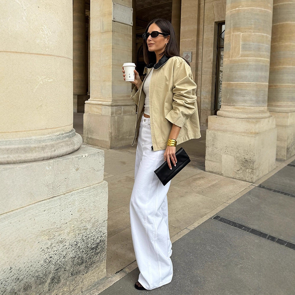 Women's Boxy Transitional Jacket with Contrasting Collar and Concealed Zipper Amarae