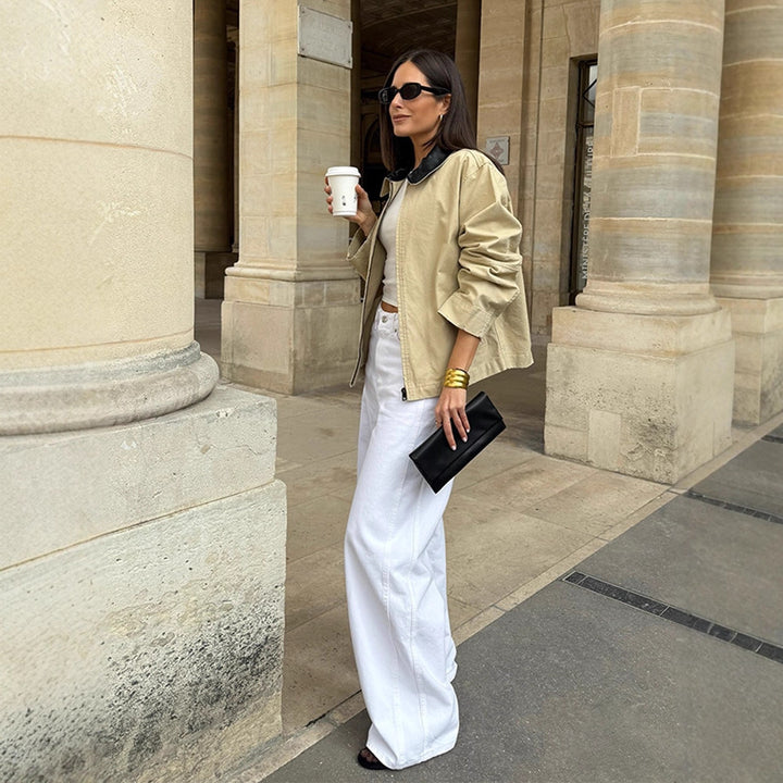 Women's Boxy Transitional Jacket with Contrasting Collar and Concealed Zipper Amarae
