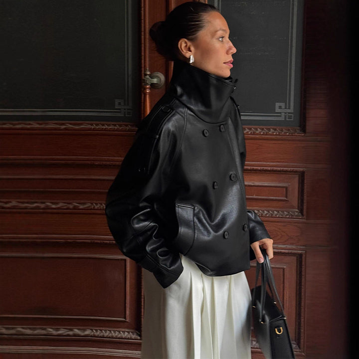 Plus size synthetic leather jacket for women with asymmetric lapels Lune London