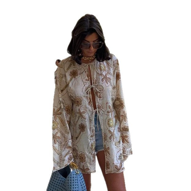 Women's Embroidered Linen Tunic Jacket with Drawstring, Volume Sleeves & Loose Silhouette Amarae